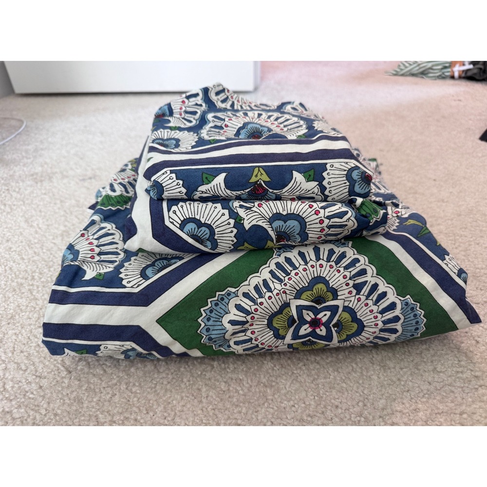 Pottery Barn Full Queen Duvet Cover Euro Sham Set Navy Green Floral Medallion